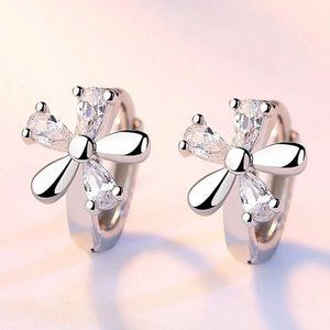 *925 Sterling Silver Diamond Flower Hoop Earrings